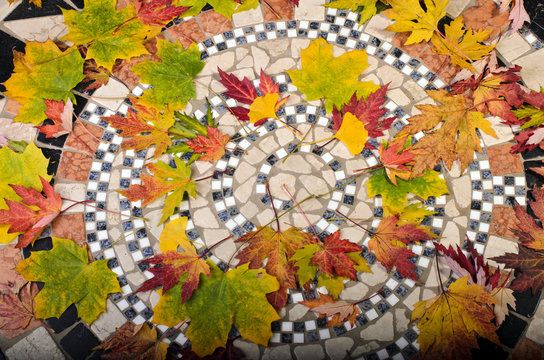 Herbstlaub auf Natursteinspirale aus Marmor und Granit