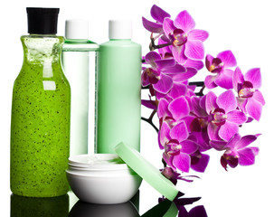 bottles with shampoo on white background