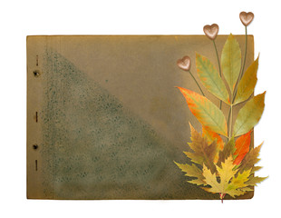 Grunge papers design in scrapbooking style with foliage and hear