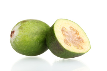 slsed feijoa fruit, isolated on white
