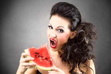 Beautiful girl eats juicy watermelon © stolbik84