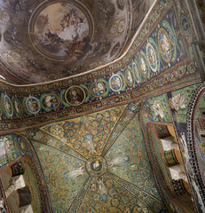Fototapeta na wymiar Mosaic interior of Dome in Romansque Church in Ravenna Italy