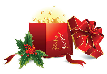 open red christmas box with bow and leaves