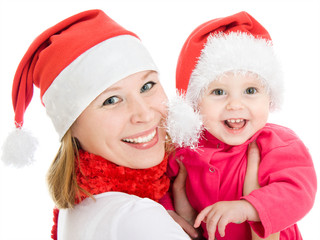 Happy Christmas mother and daughter on a white background.