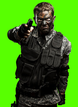 soldier aiming over removable chroma key background