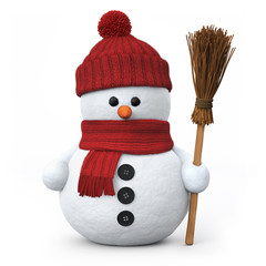 Snowman with woolen hat and broom
