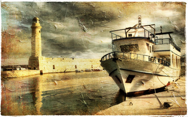 Fototapeta na wymiar Light House w Rethimno portu - grafika w stylu retro