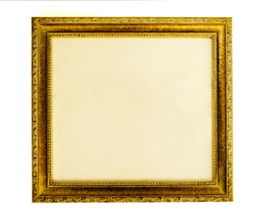 Gilded frame with empty canvas over white background