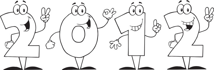 Outline 2012 New Year Numbers Cartoon Characters