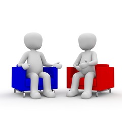 two 3d guys sitting on a couch. talking