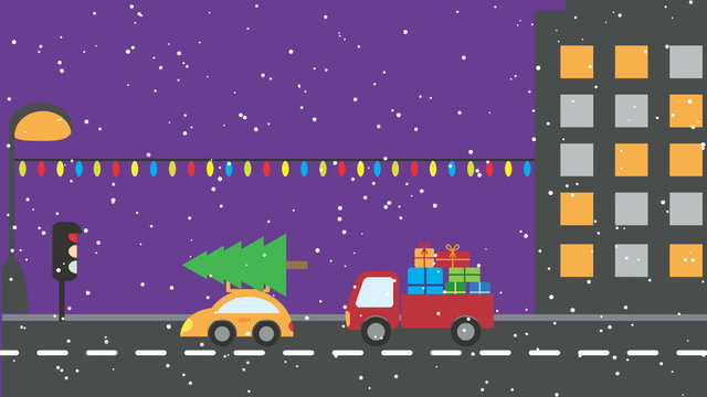 Christmas urban night scene - cars with presents