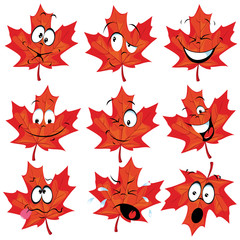 red maple leaf mascot with many expressions