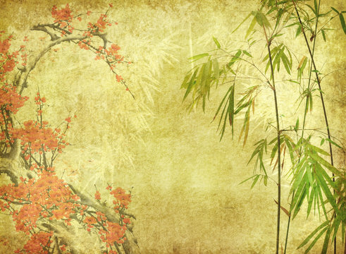 bamboo and plum blossom on old antique paper texture .