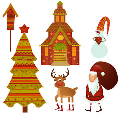 Christmas : Santa, house, deer, snowman, tree