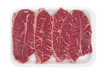Boneless top blade steak on tray