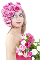 Naklejka premium young beautiful woman with pink flowers