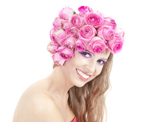 young beautiful woman with pink flowers