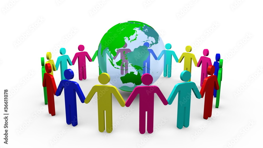 Poster colored 3d men around a planet globe