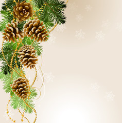 light Christmas background with vitality cones and fir tree