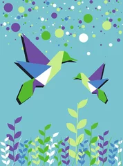 Stickers pour porte Animaux géométriques Couple de colibris en origami printemps