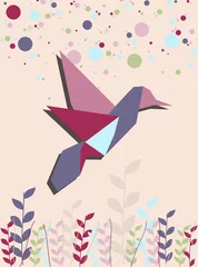 Deurstickers Geometrische dieren Enkele Origami-kolibrie in roze