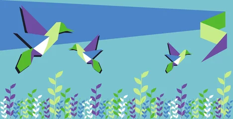 Papier Peint photo Lavable Animaux géométriques Colibri en origami printemps