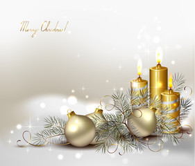 Christmas background with burning candles and Christmas bauble