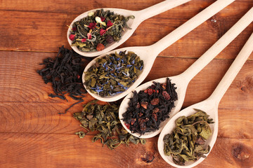 Different kinds of dry green and black tea in spoons