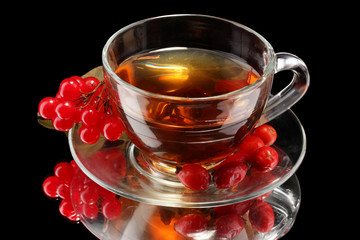 Glass viburnum black tea in cup isolated on black