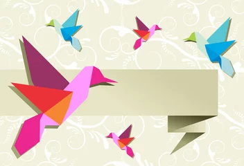 Stickers pour porte Animaux géométriques Groupe de colibris en origami avec bannière