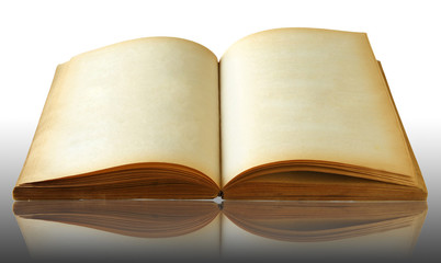 Old book on reflect floor and white background