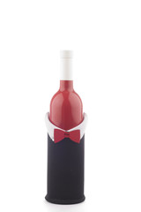 Red wine wearing tuxedo on white background