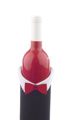 Red wine wearing tuxedo on white background