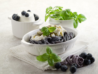blueberries tagliatelle with ricotta and pesto sauce