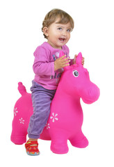 Alegre sobre el burrito rosa.