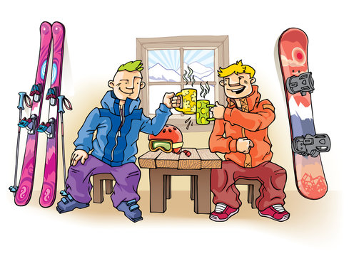 Snowboarder And Skier