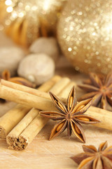 Fototapeta na wymiar Christmas spices and baubles