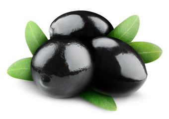 Isolated olive fruits. Three black olives isolated on white background