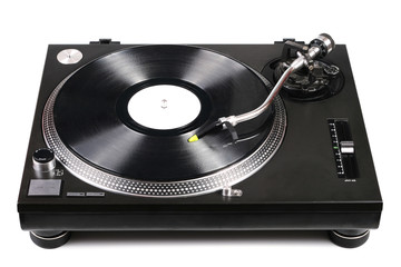 Naklejka premium dj turntable with needle on vinyl record isolated on white
