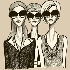 Crédence de cuisine en verre imprimé Art Studio trois femmes avec des lunettes de soleil