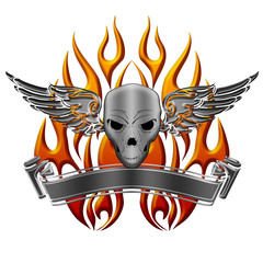 Skull with Wings Flames and Banner