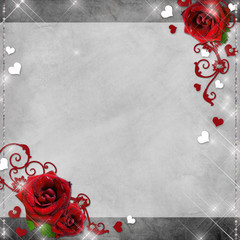 greeting card with red roses and hearts on the grey background