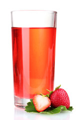 Fresh strawberry and juice glass isolated on white