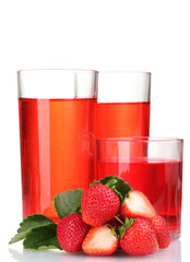 Fresh strawberry and juice glasses isolated on white