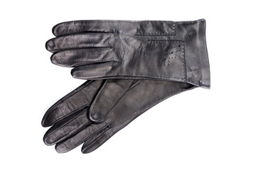 Beautiful black leather women's gloves isolated on white