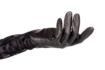 women hand in black leather glove isolated on white
