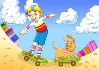 Rolgordijnen Honden de jongen in skateboarden