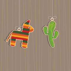 Mexican hanging decorations vector clipart pinata cactus with copy space on brown background