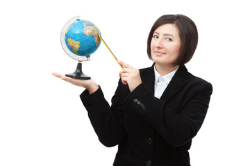 Fototapeta premium beautiful teacher, shows a globe.