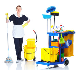 Cleaner maid woman washing floor.